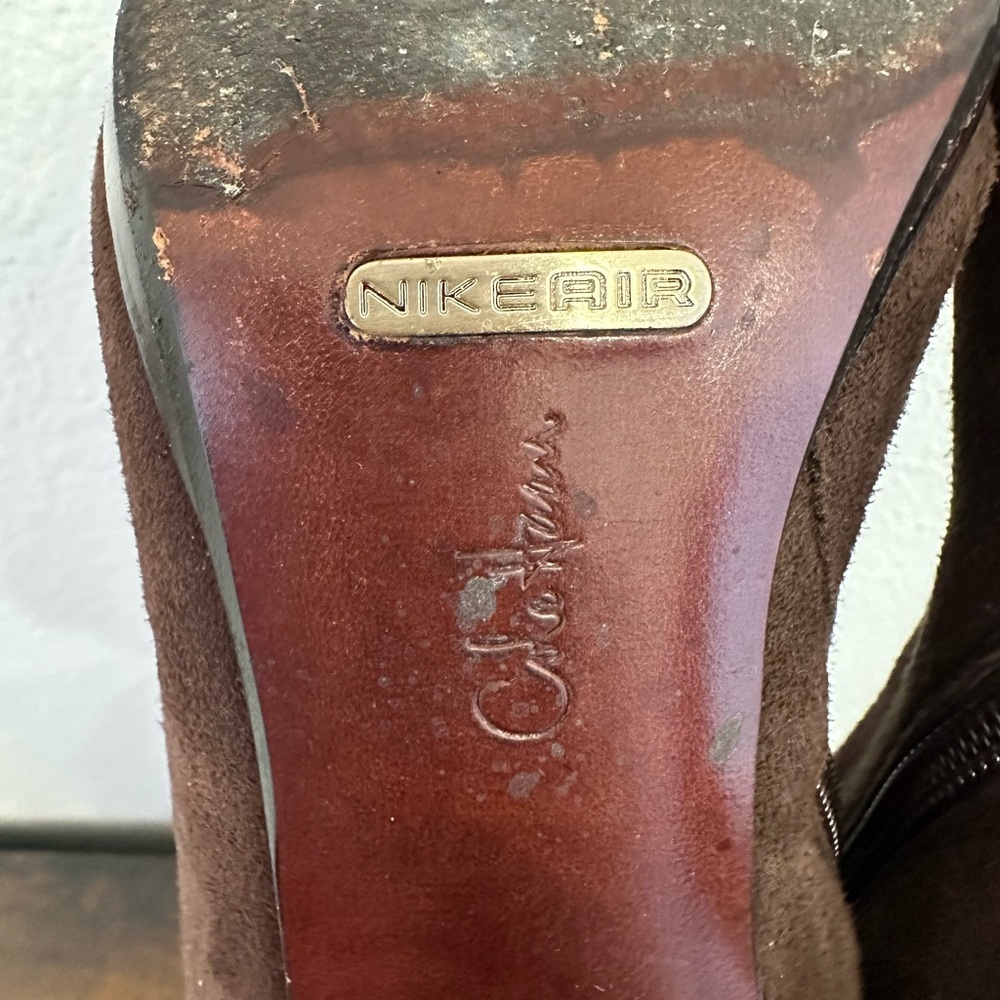 Cole Haan Dark Brown Suede Knee-High Heeled Boots with Gold Buckle - Picture 11 of 16